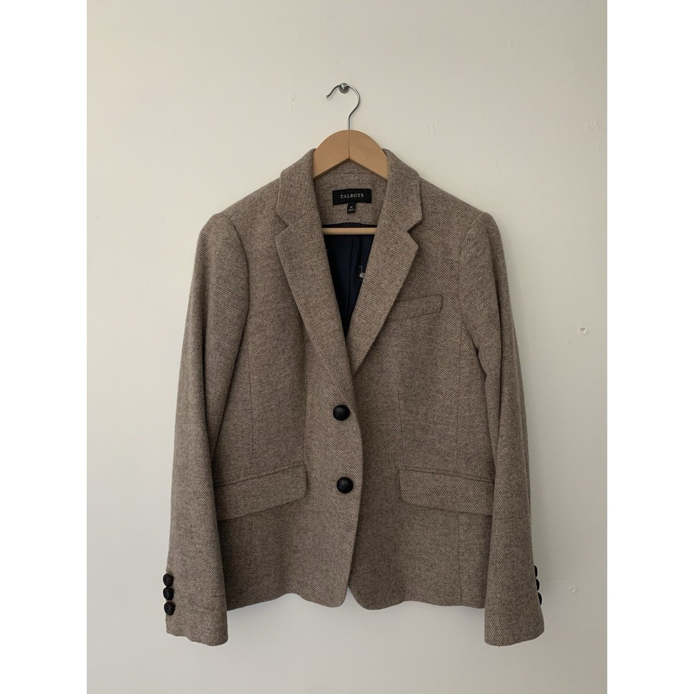 Talbots Herringbone Wool Blend Tweed Blazer Sz 10 Tan Town And Country Prep Ivy